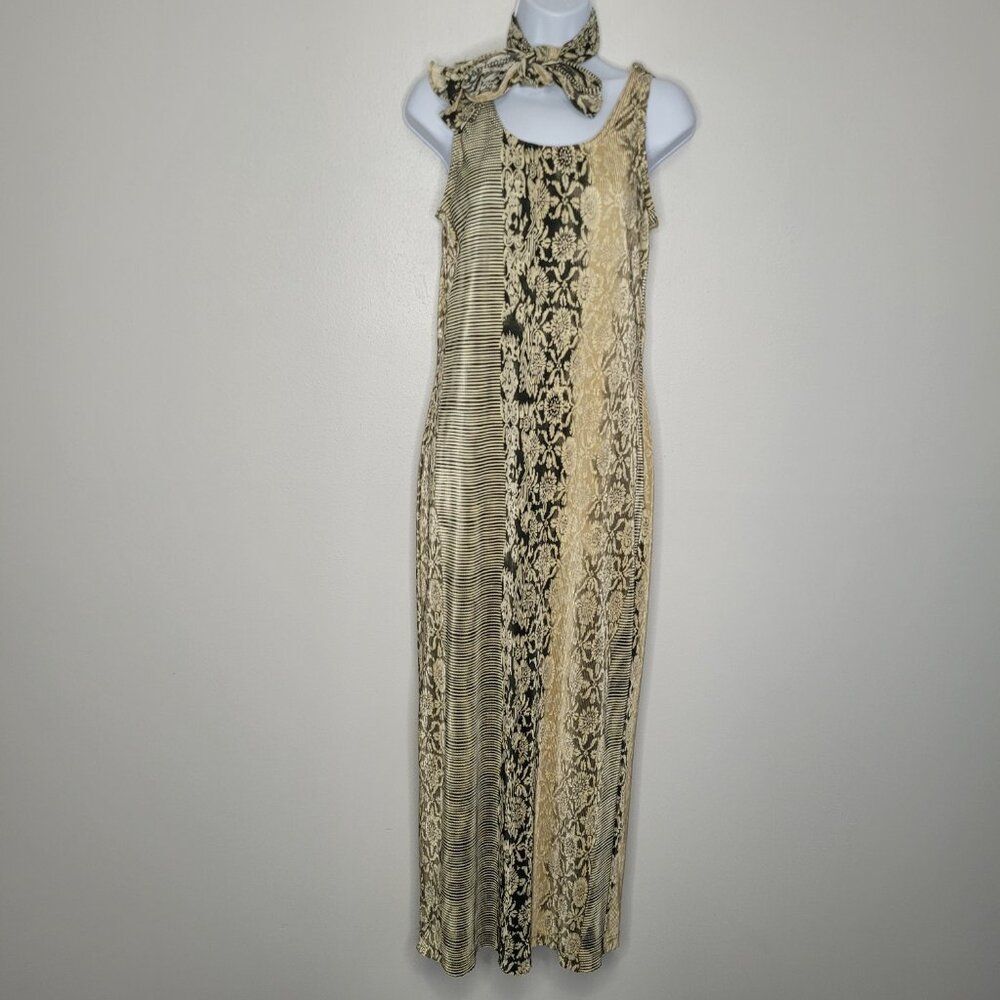 Vintage Virgo tan black brown mixed print textured maxi dress with scarf/belt 6